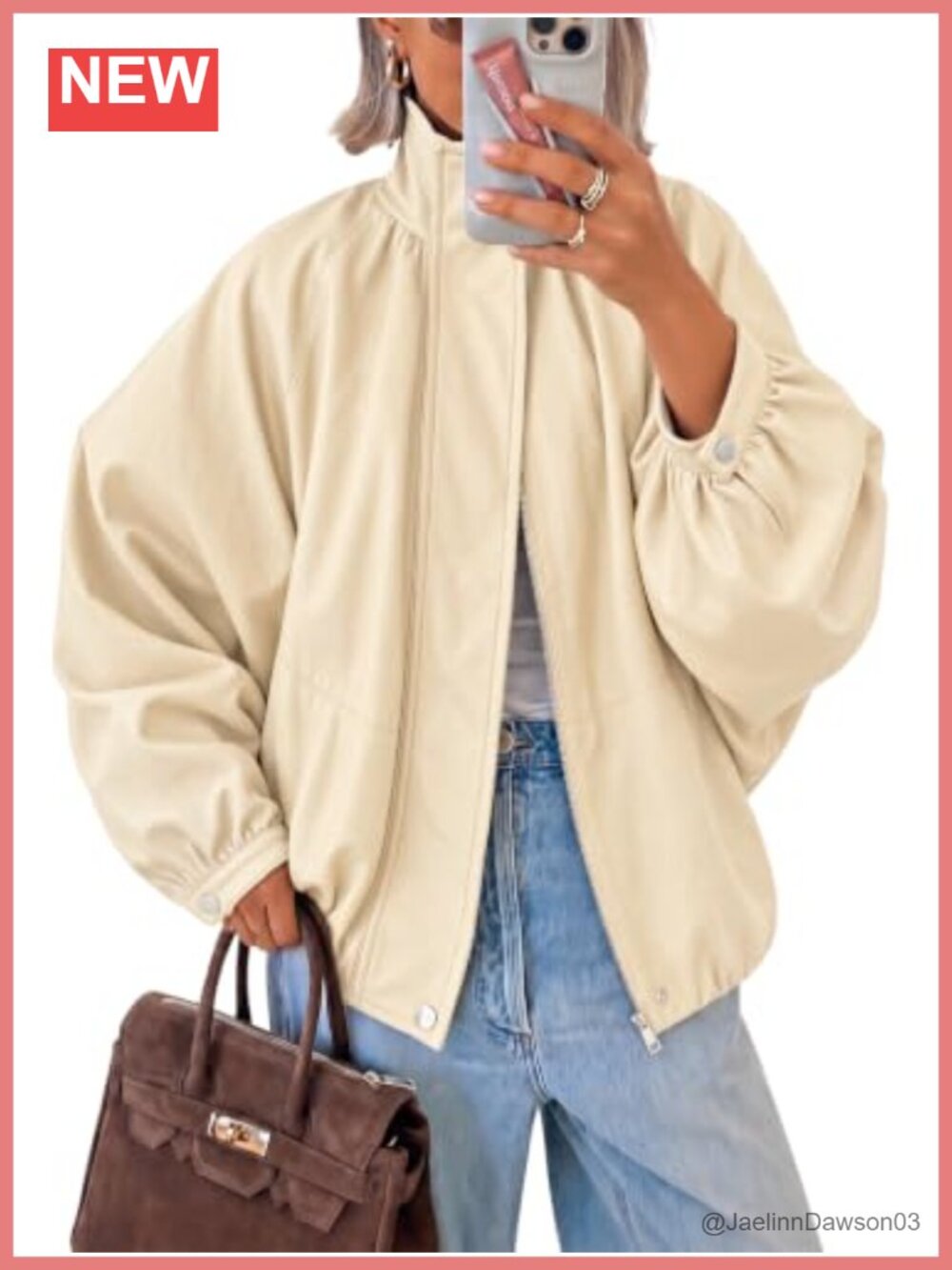 Faux Leather Bomber Jacket Long Sleeve Zip Fall Coat Pleated Puff Sleeve